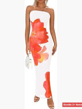 Strapless Maxi Bodycon Dress Mesh Floral Formal Cocktail Wedding Guest